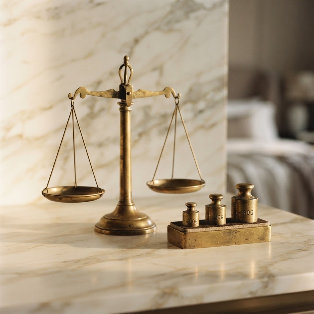 Antique brass weights beside a balance scale