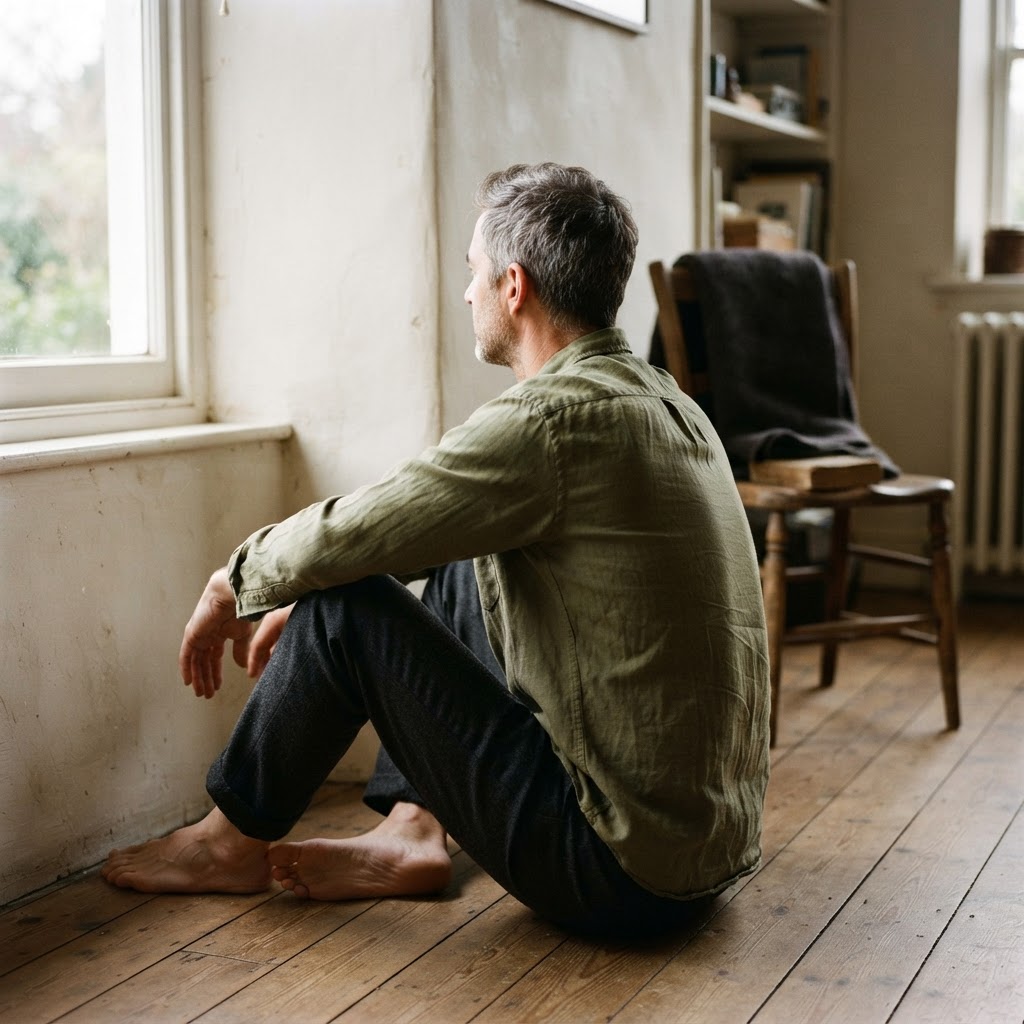 A man sitting on the floor against a warm plaster wall in a quiet room, hands resting open, grounding himself with his anxiety.
