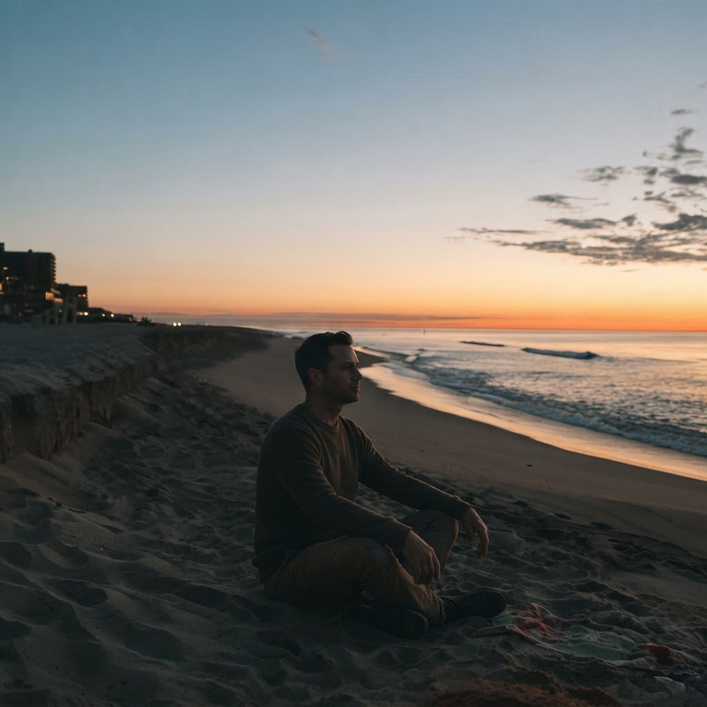 A man sitting perfectly still on a beach at sunset, pausing before deciding