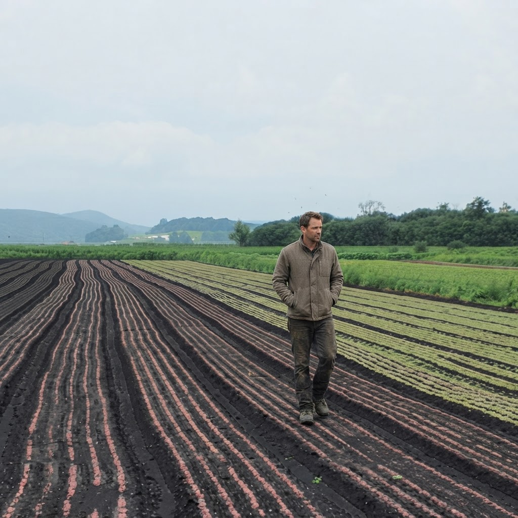 A man walking slowly through a freshly tilled field, still in process
