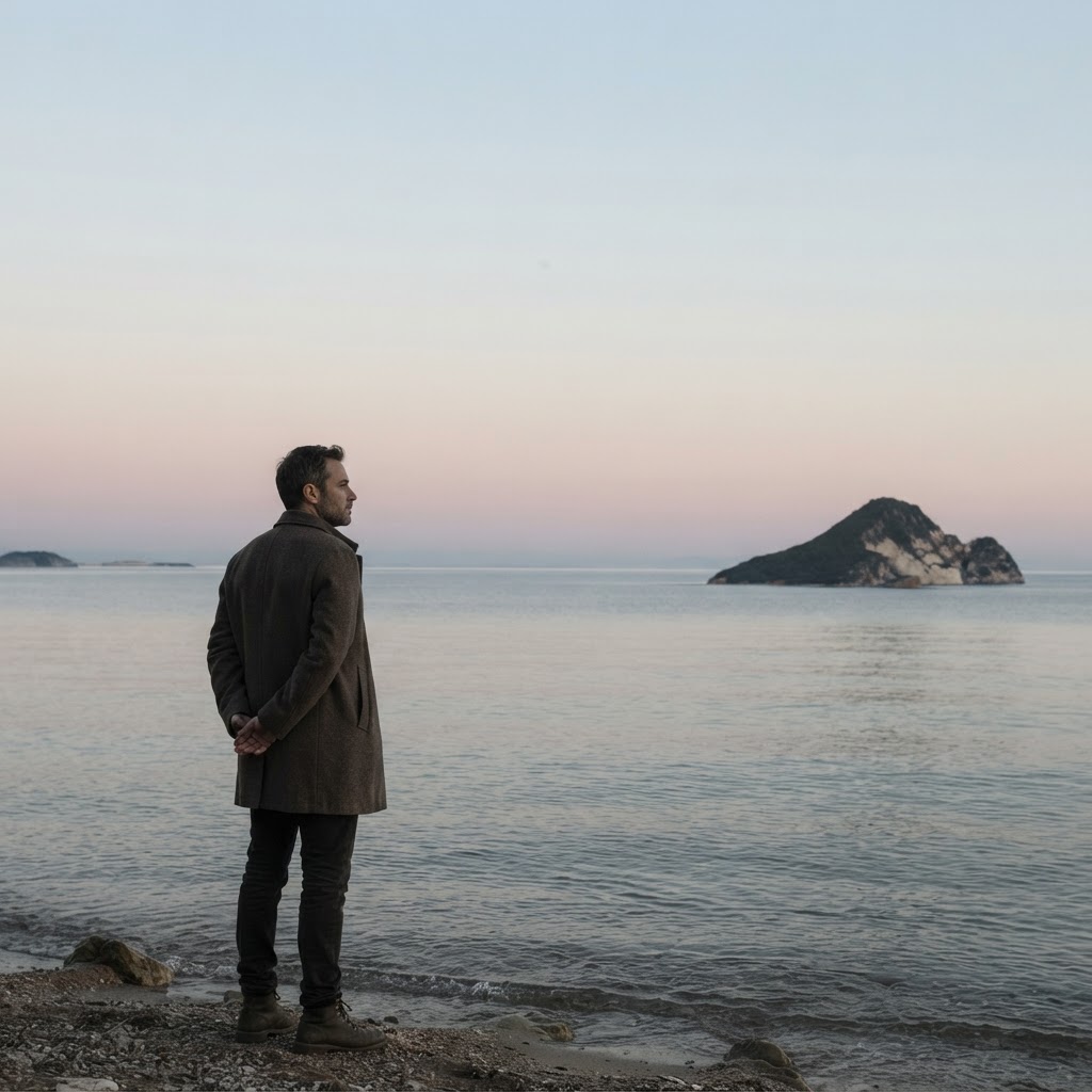 A man in quiet reflection at the water's edge at dusk