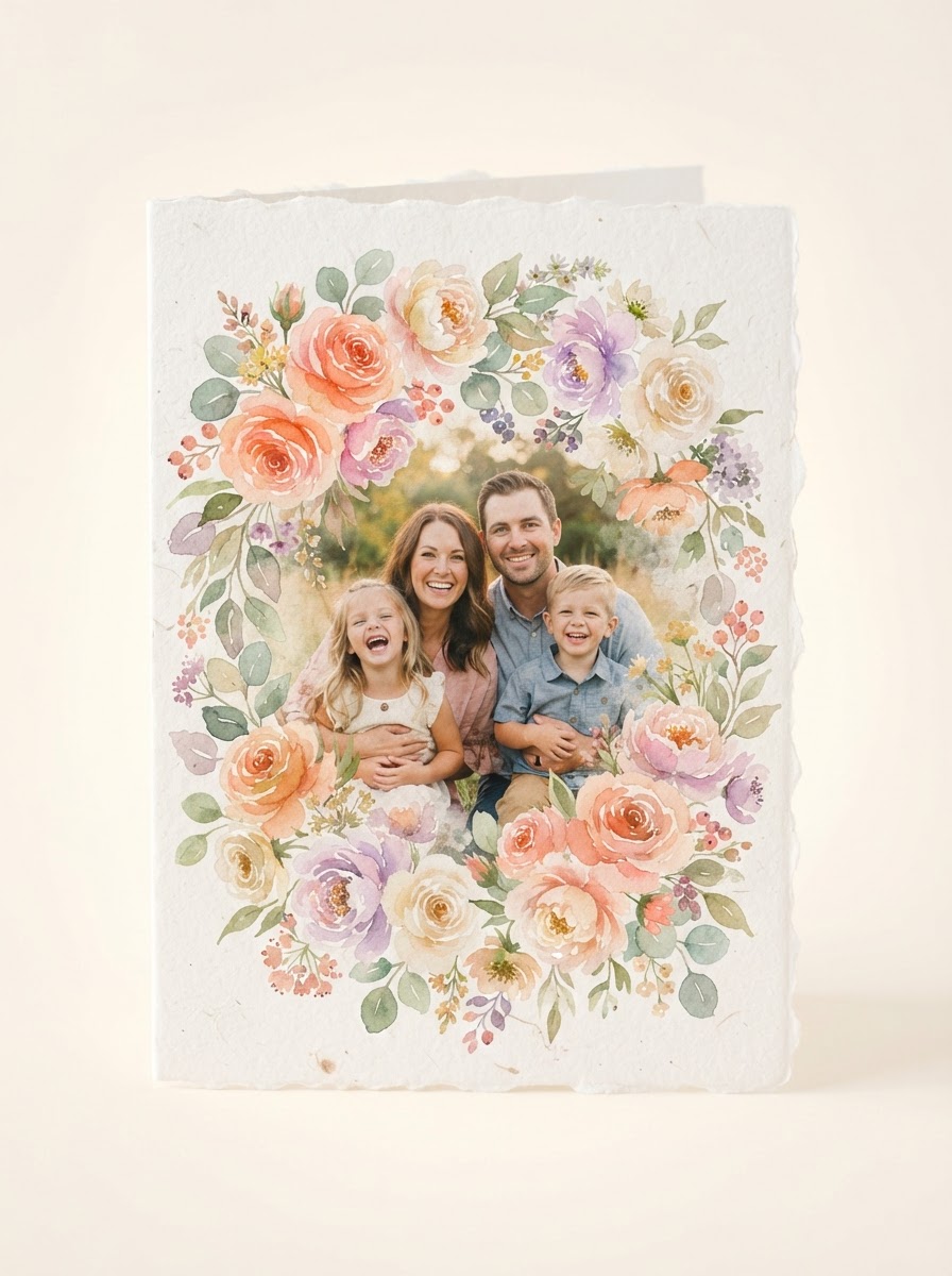 Watercolor birthday card with a family photo blended into florals