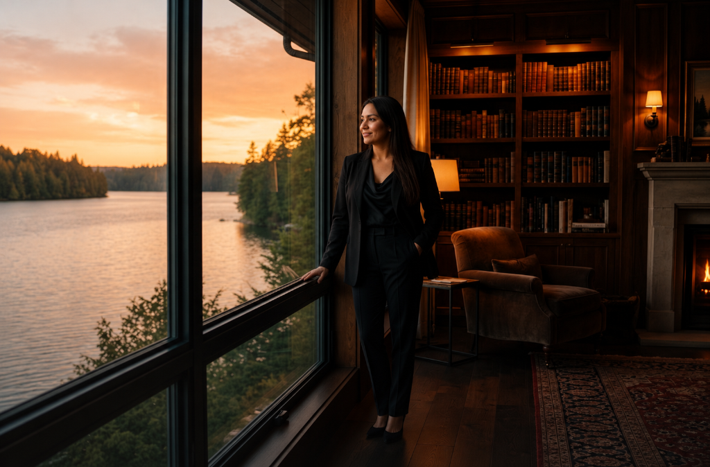 A woman in quiet contemplation by a window overlooking still water at golden hour