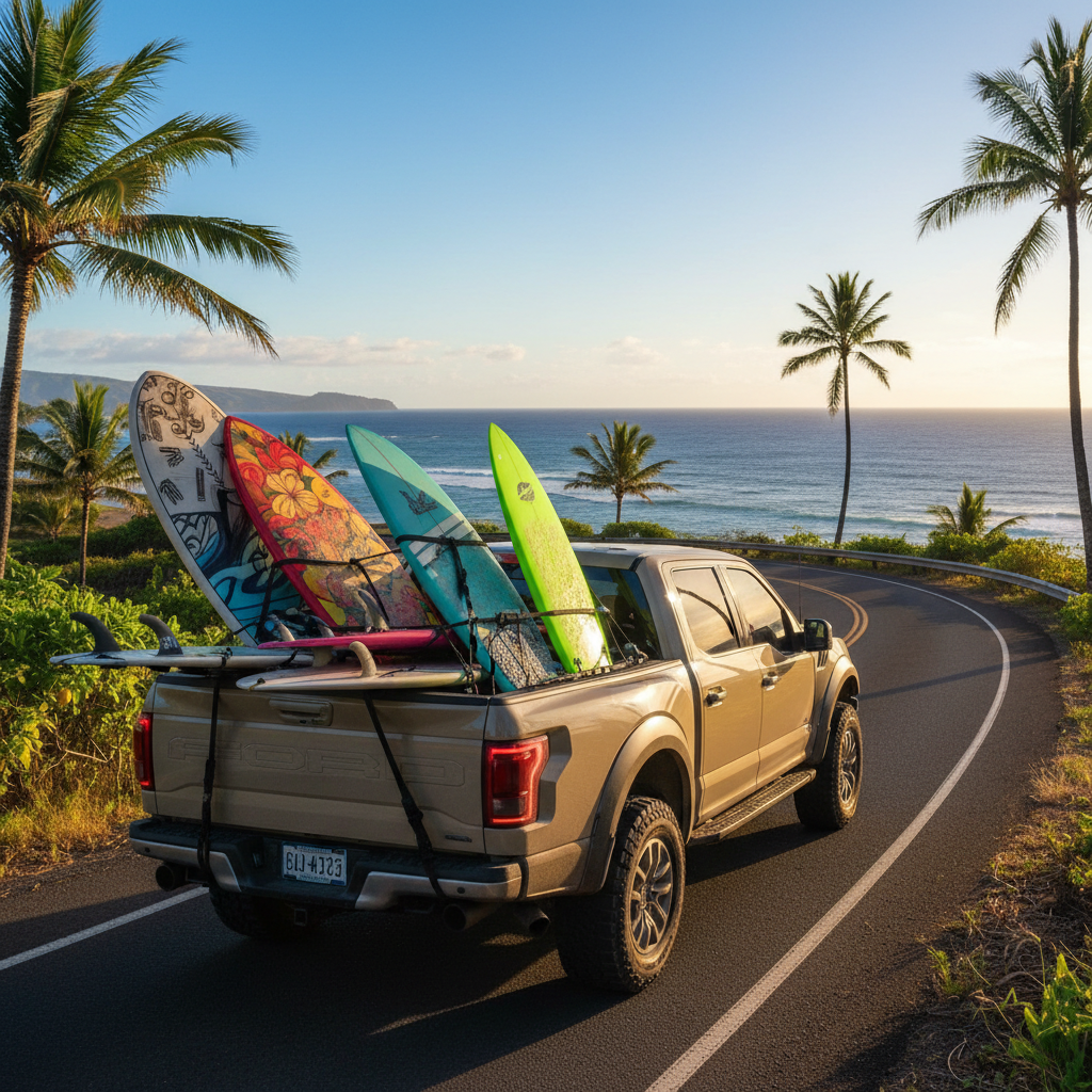 Pickup truck loaded with surfboards on a Maui coastal road