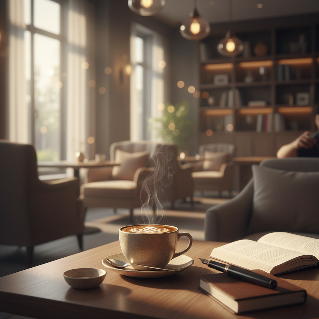 Cozy coffeehouse with a warm cup of coffee, golden light and soft cream and amber tones for cafe and lounge music