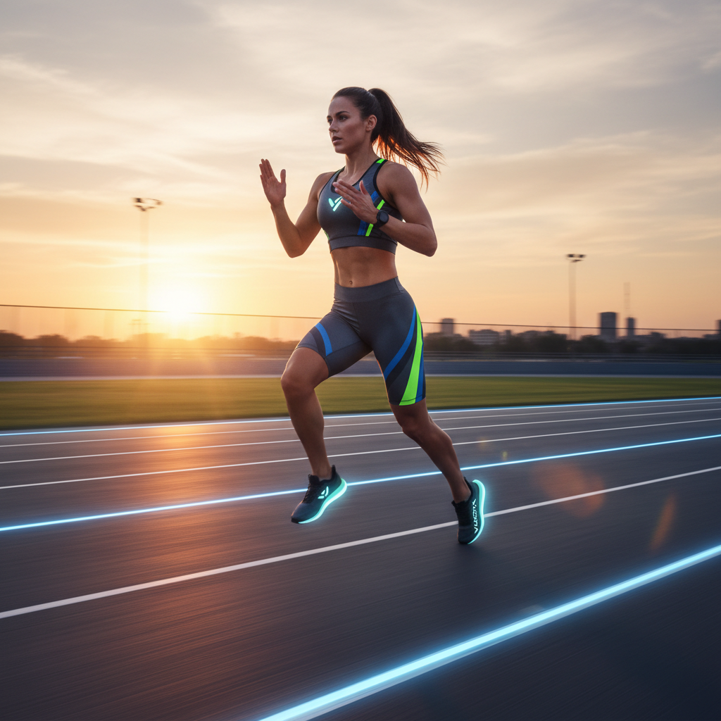 Energetic runner at sunrise with electric blue and neon green light accents for running music