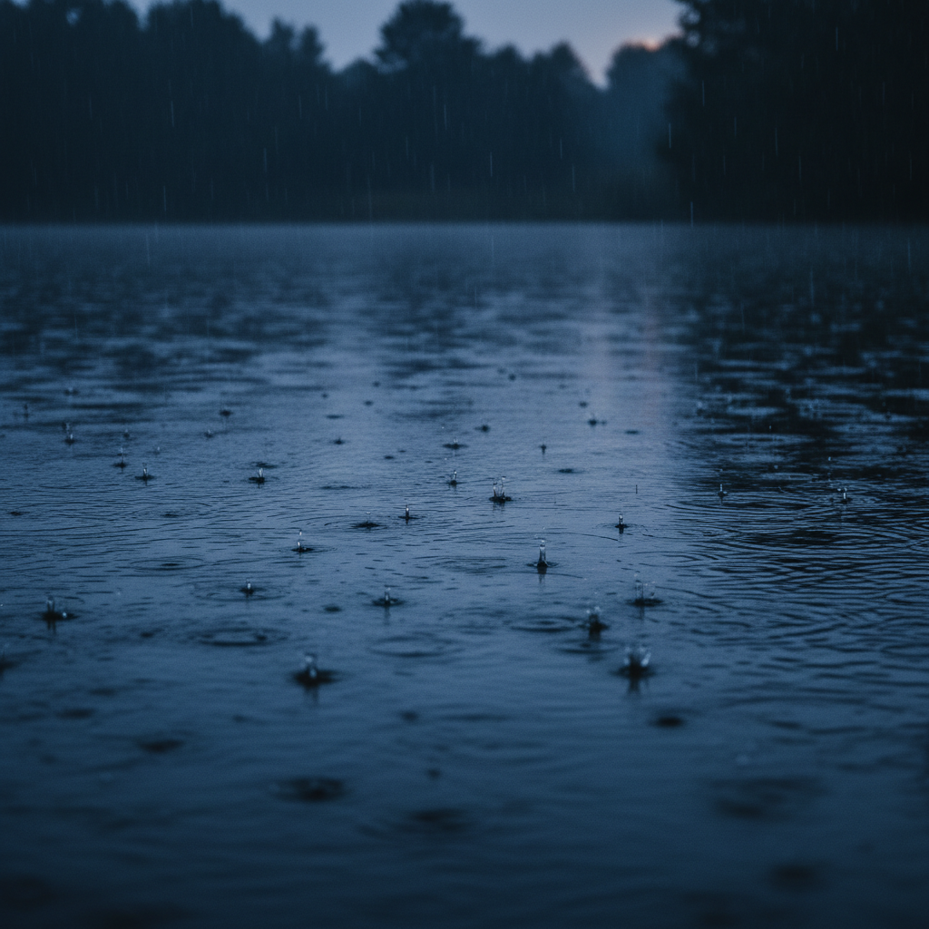 Soft rain falling on calm deep blue water for rain sounds