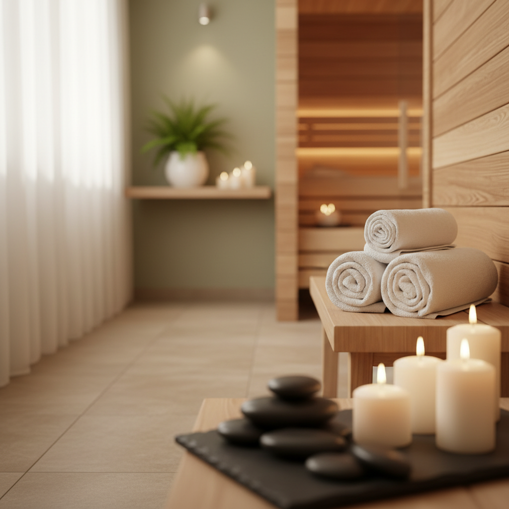 Warm calm spa setting with candles and soft towels for sauna and spa music