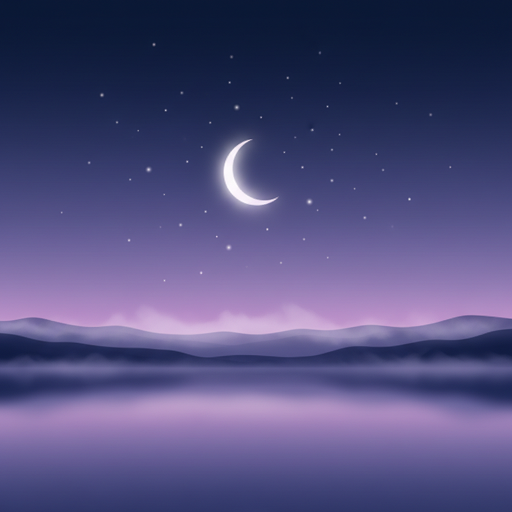 Calm night-blue and soft violet sleep scene with a glowing moon and soft stars for sleep sounds