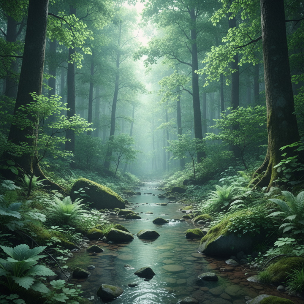 Lush green forest with soft sunlight for nature sounds