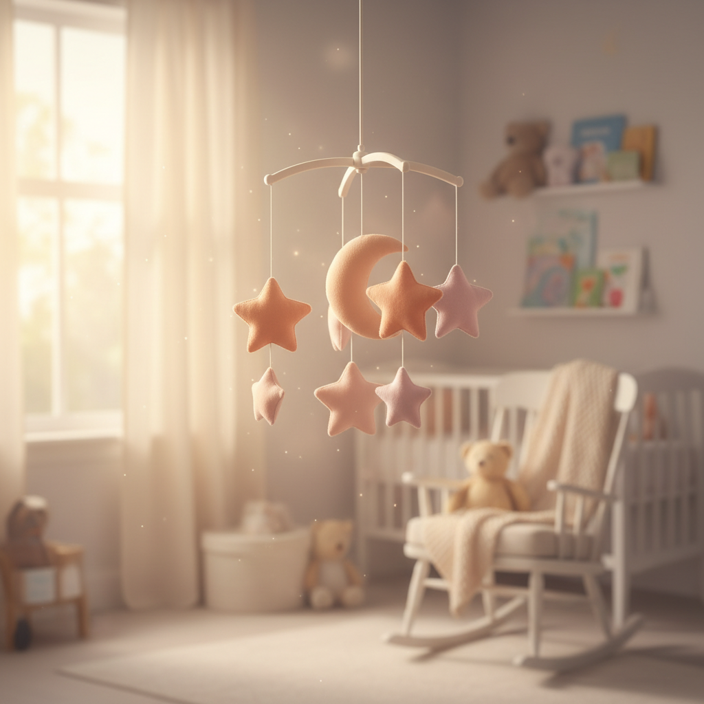 Soft pastel baby mobile with stars and a crescent moon over a cozy nursery for baby music