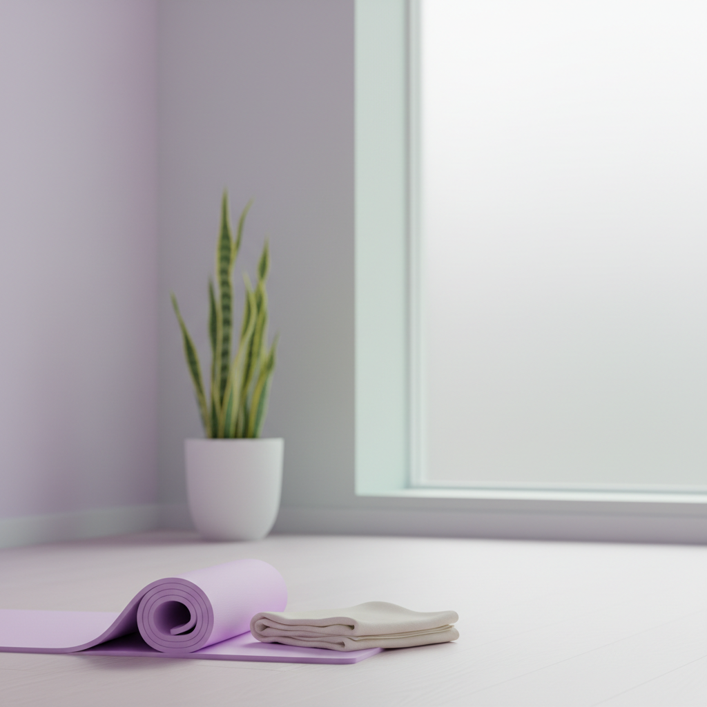 Calm lavender and mint wellness scene with a yoga mat for Pilates and Yoga music