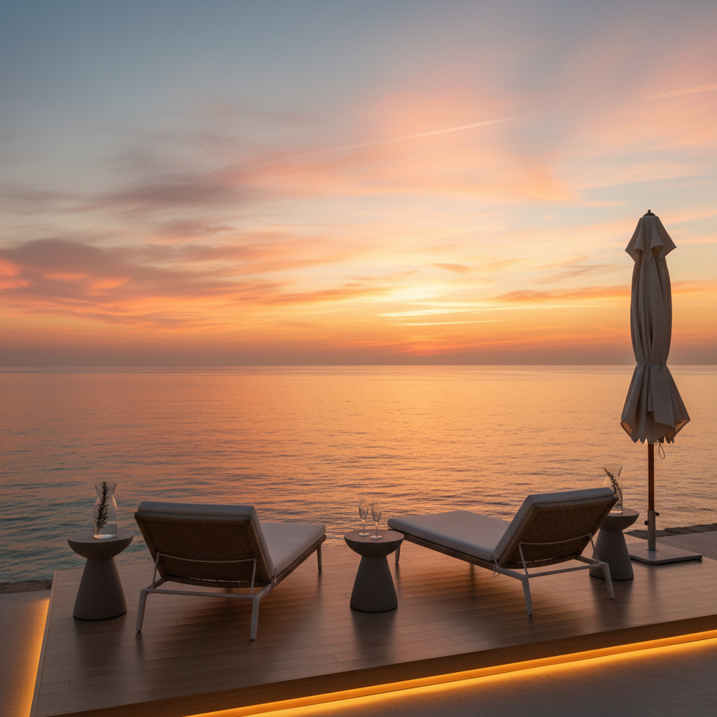 Warm Ibiza sunset over the sea with orange and coral sky for chillout music