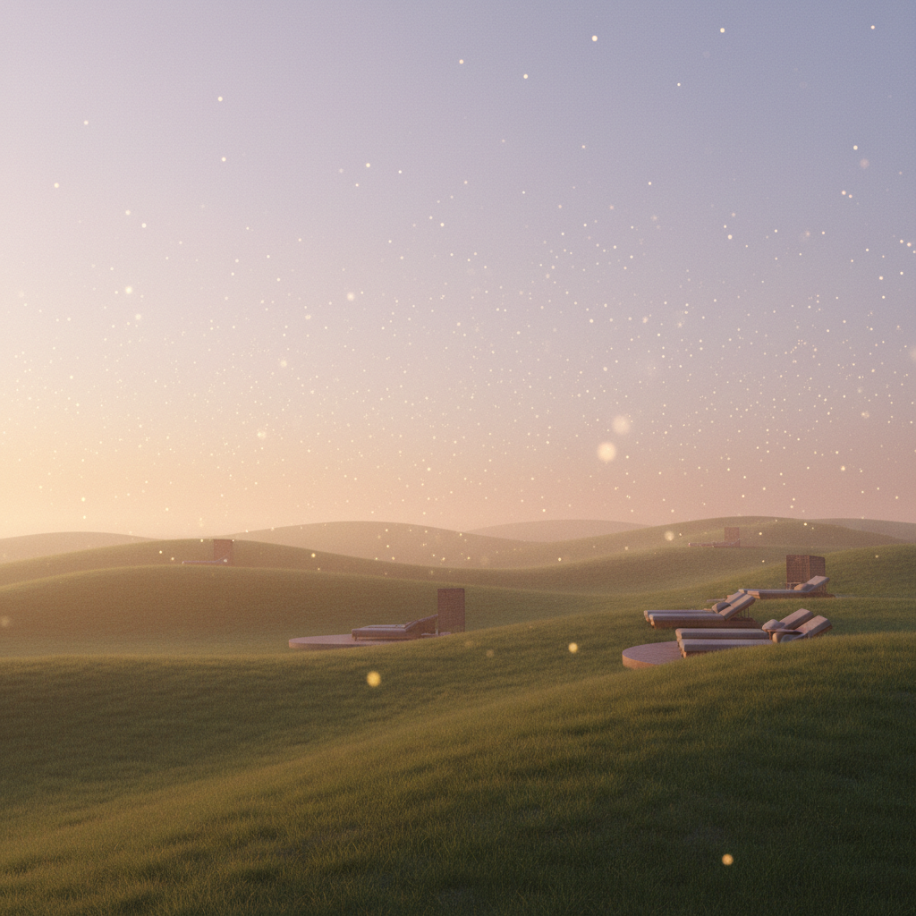 Calm green meadow blending into soft violet twilight and warm sand for relaxing music