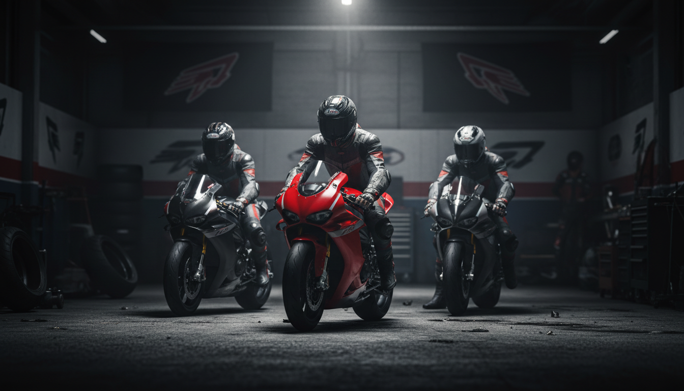 Drei Motorradfahrer in einem dramatisch beleuchteten Rennsport-Paddock