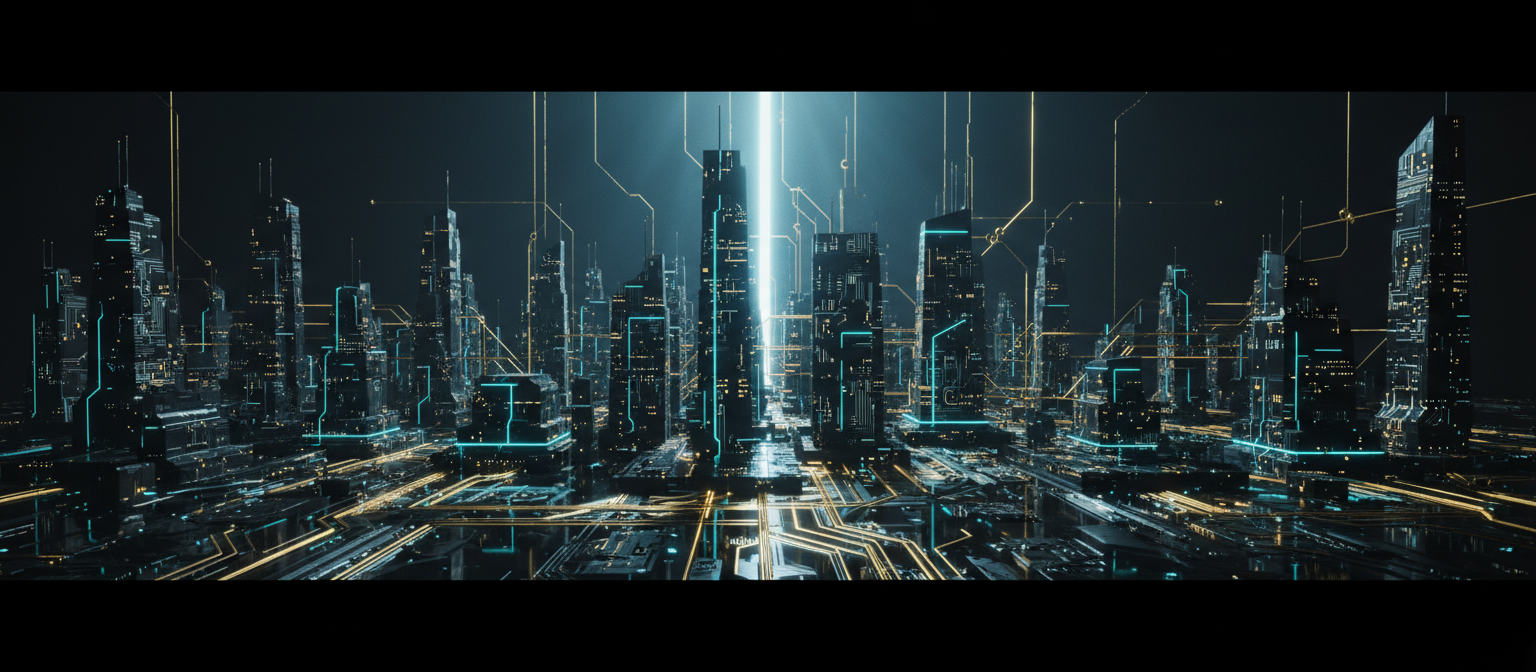 Horizon futuriste entre architecture de Dubai et circuits numériques