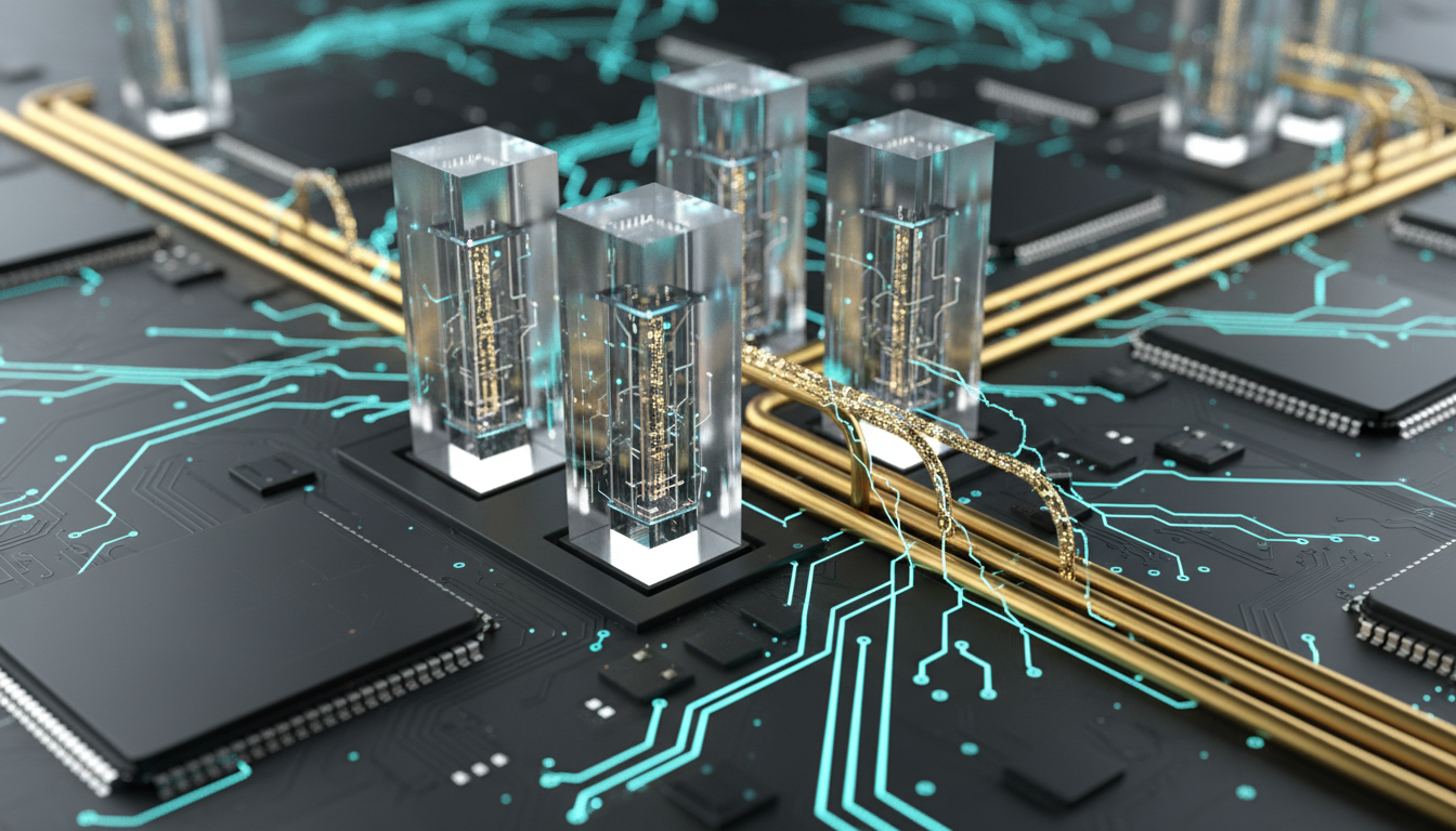 Architecture CRM futuriste en verre, or et cyan