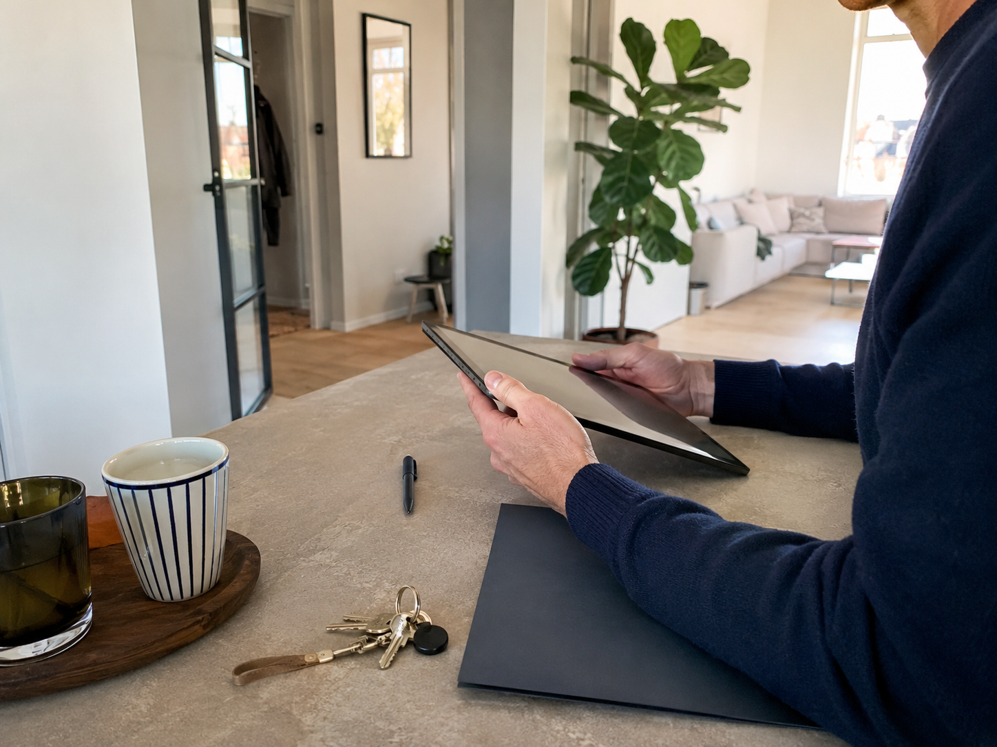 Verhuurder met tablet aan de keuken