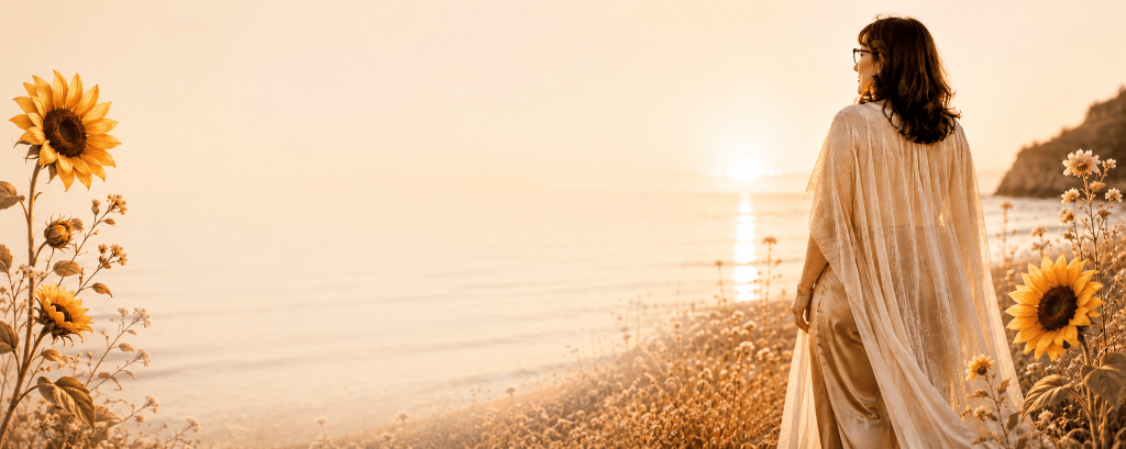 A woman standing in a sun-drenched field of sunflowers facing the horizon at golden sunset, symbolising freedom, clarity and new beginnings