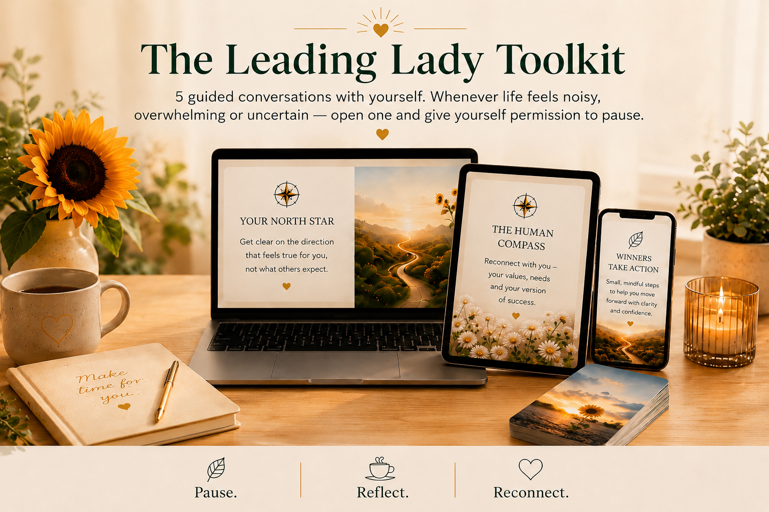 The Leading Lady Toolkit across laptop, tablet and phone with a sunflower, journal and candle