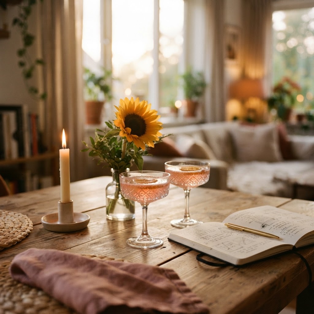 A warm Leading Lady evening, sunflowers, candle and mocktails