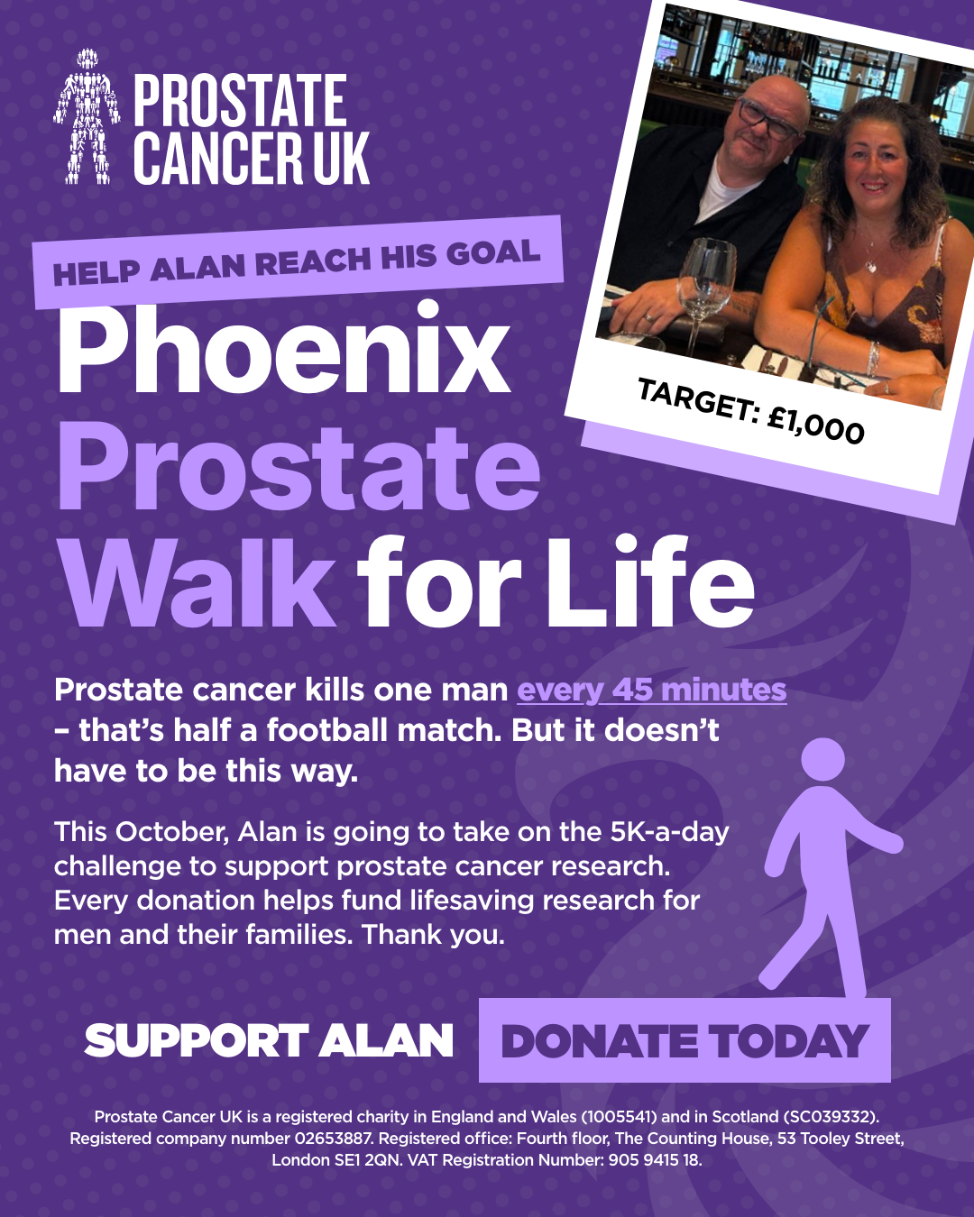 Phoenix Prostate Walk for Life: support Alan’s October 5K-a-day challenge for Prostate Cancer UK, with a £1,000 fundraising target.