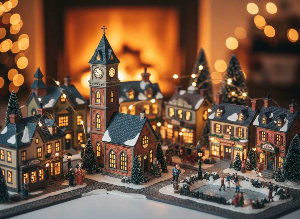 Beautiful miniature village display with warm lighting