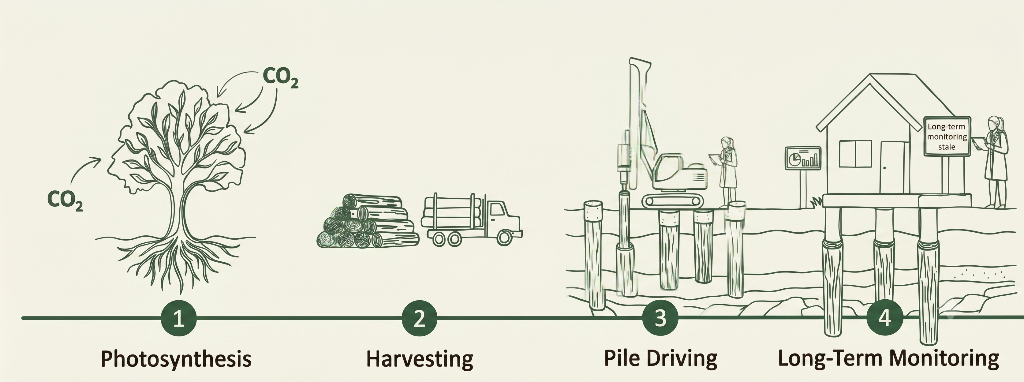 Process illustration: photosynthesis, harvesting, pile driving and long-term monitoring of biobased foundations
