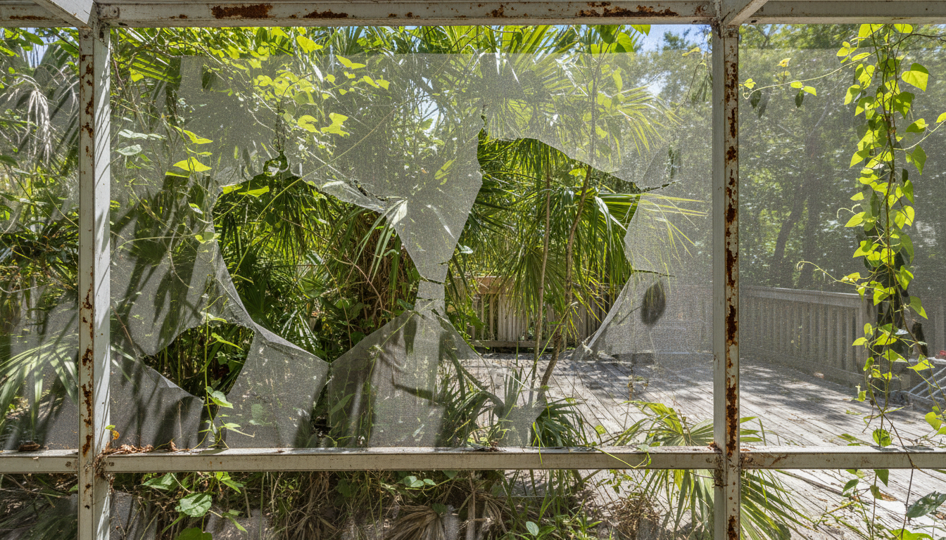Before rescreening — damaged, torn screen on a Florida porch