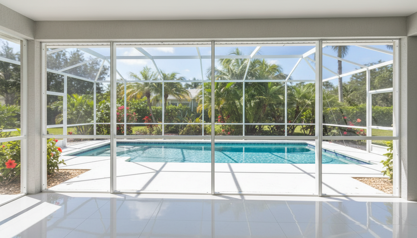 After rescreening by Shiloh Screens — pristine, taut screen enclosure in Deltona, FL
