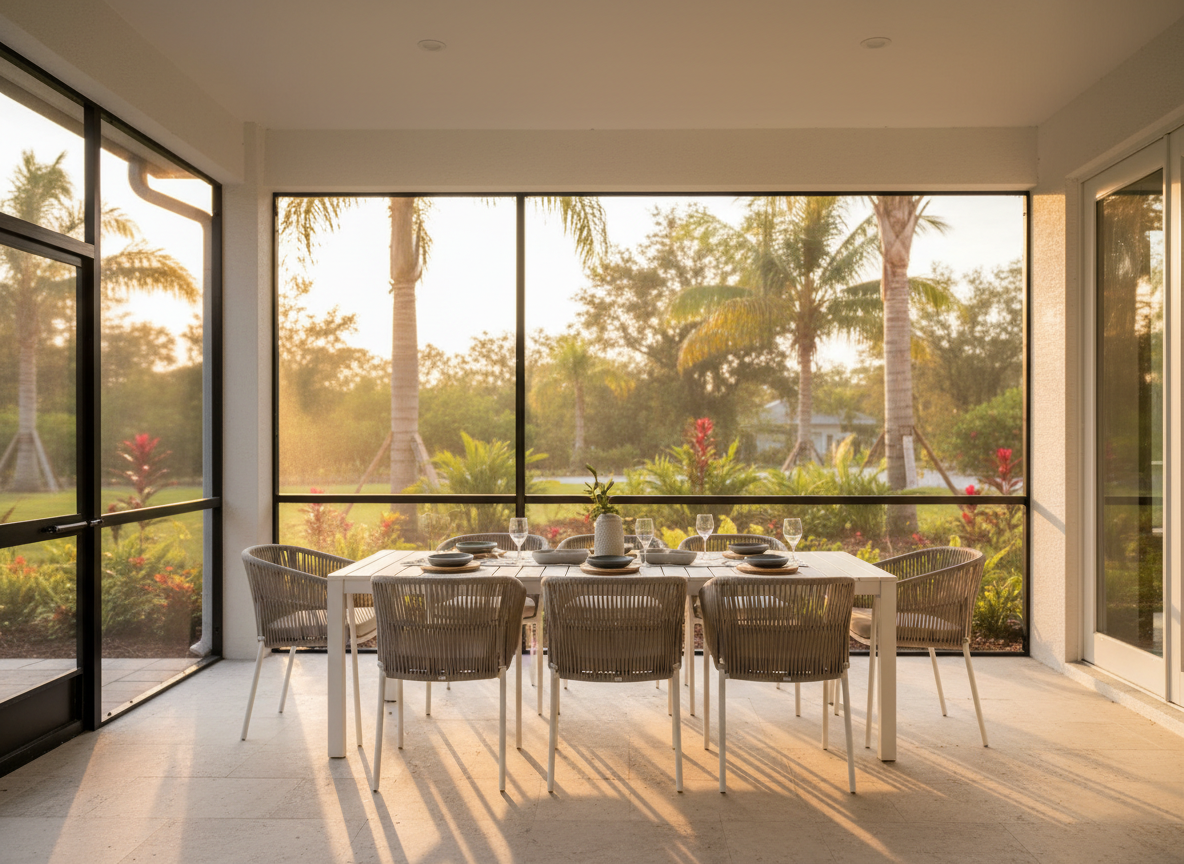 Beautiful screened lanai at golden hour in Deltona, FL by Shiloh Screens