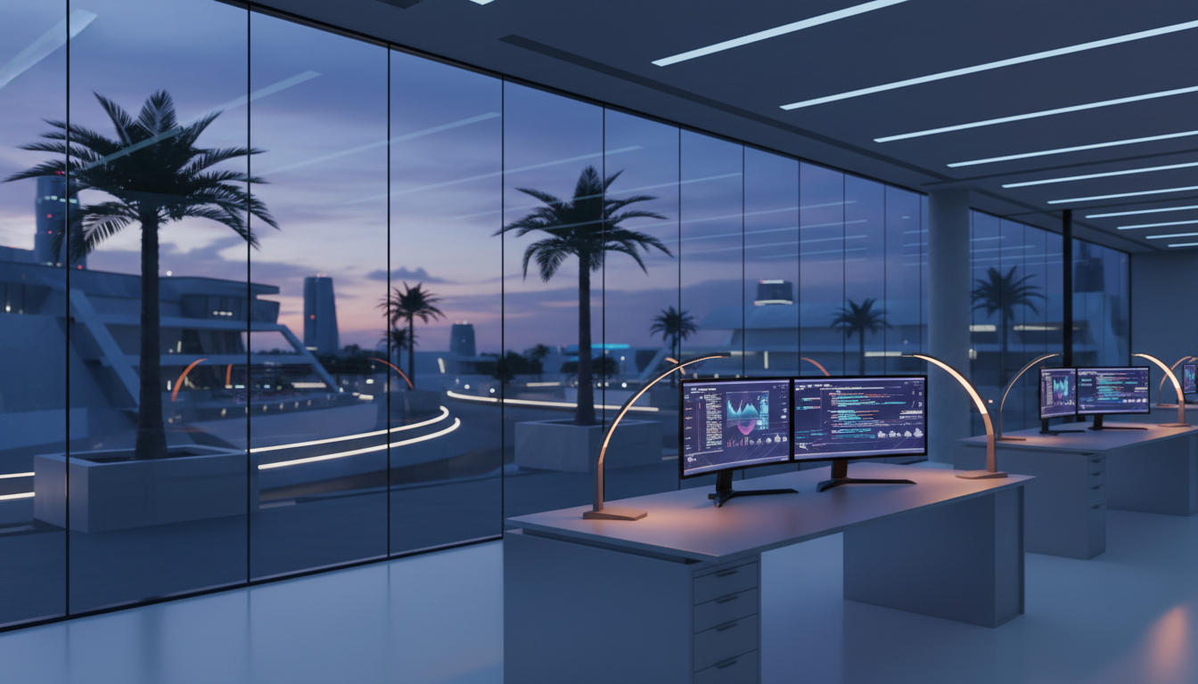 Modern glass-walled office workspace with dual monitors displaying data analytics at twilight in Florida