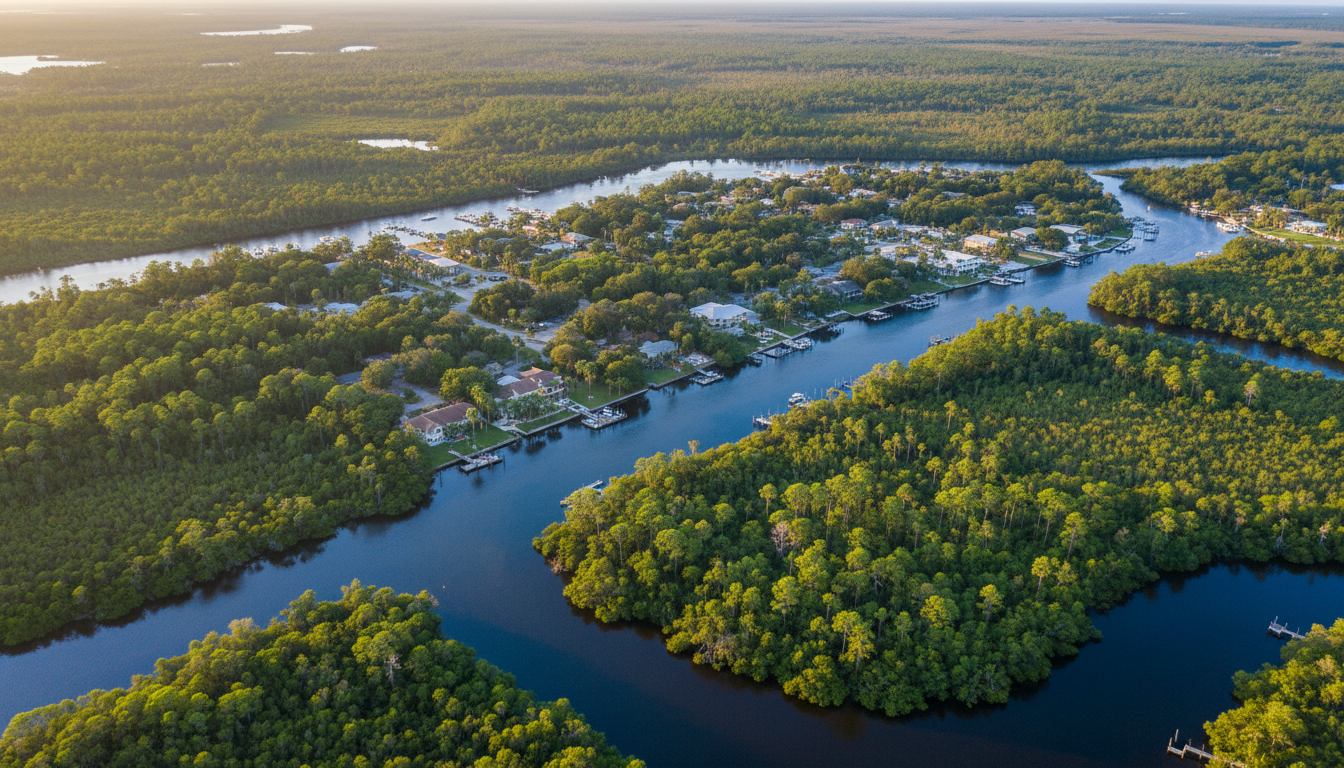 Aerial view of Citrus County Florida landscape with waterways and green vegetation