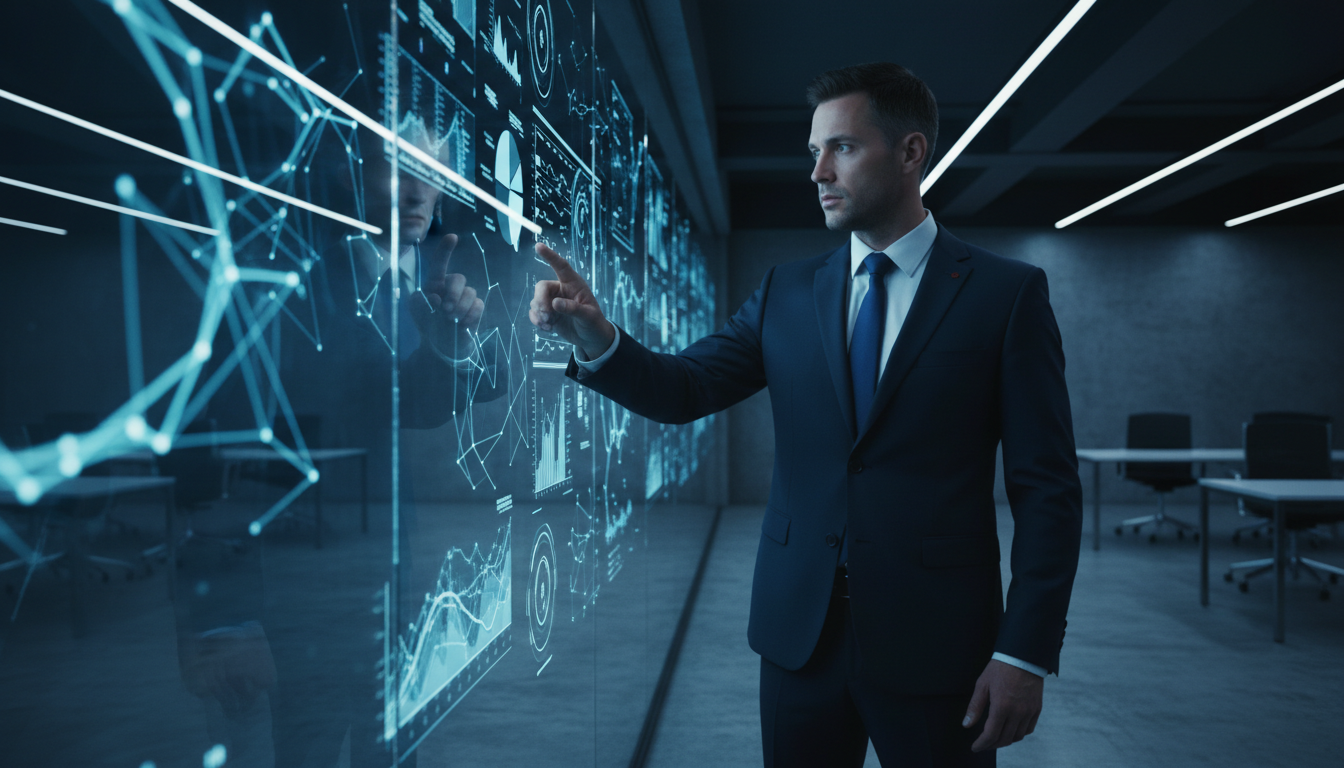 Professional analyzing data visualizations on a glass display in modern office