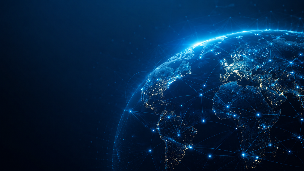 Digital globe displaying interconnected global networks and cybersecurity connections.