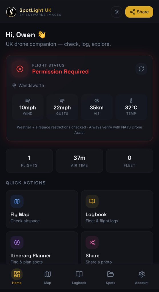 Skywardz SpotLight app home screen