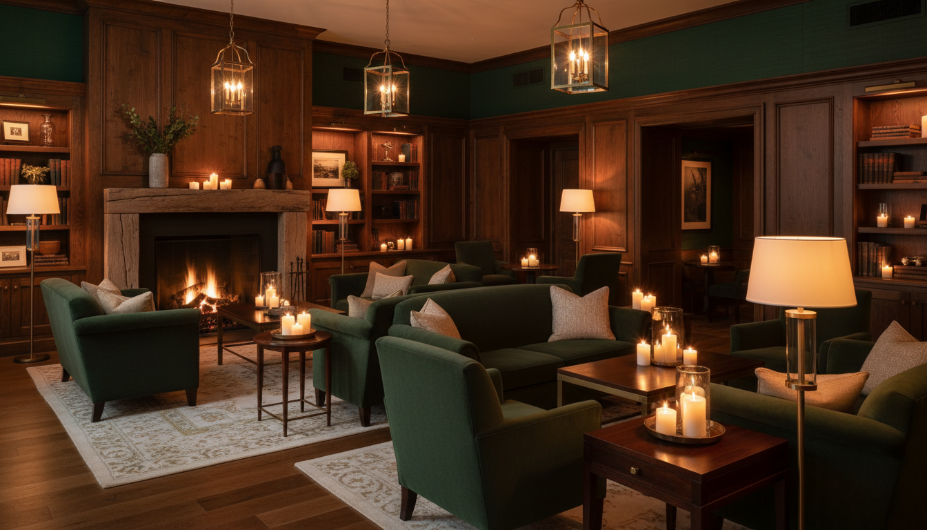 Sfeervolle lounge van een boutique herberg met kaarslicht
