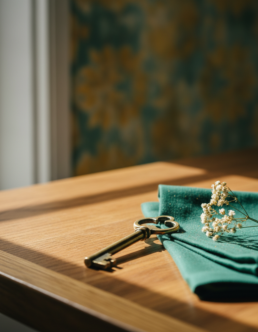 Boutique hotel detail met sleutel, linnen en wilde bloemen