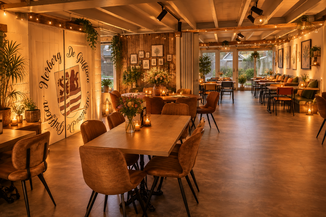 Sfeervolle eetkamer met kaarslicht en warm licht in Herberg De Griffioen