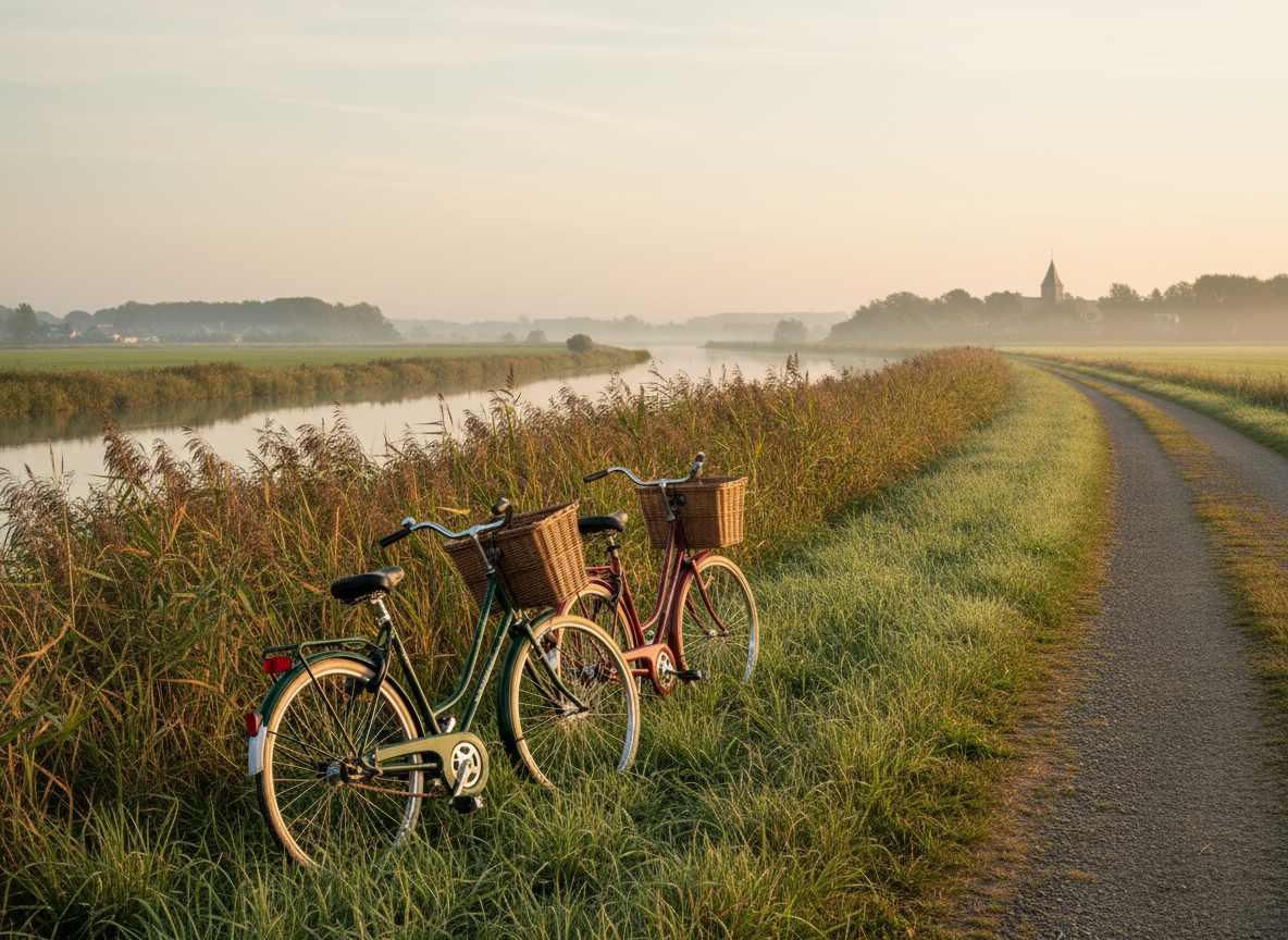 Fietsen bij rietlandschap richting het Veerse Meer