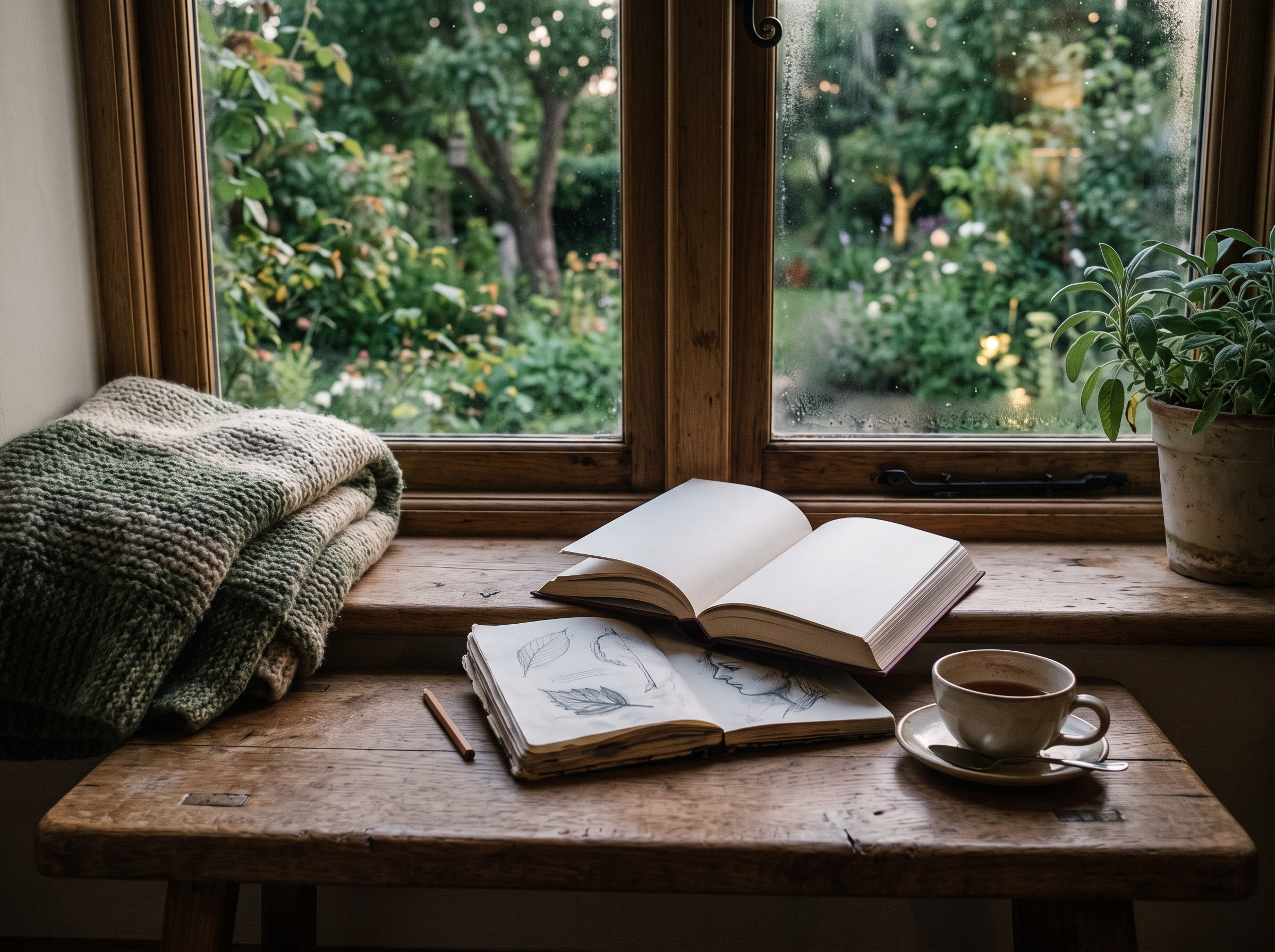 Lived-in window seat with an open book, sketchbook, folded blanket and cooling cup of tea, garden visible through the glass