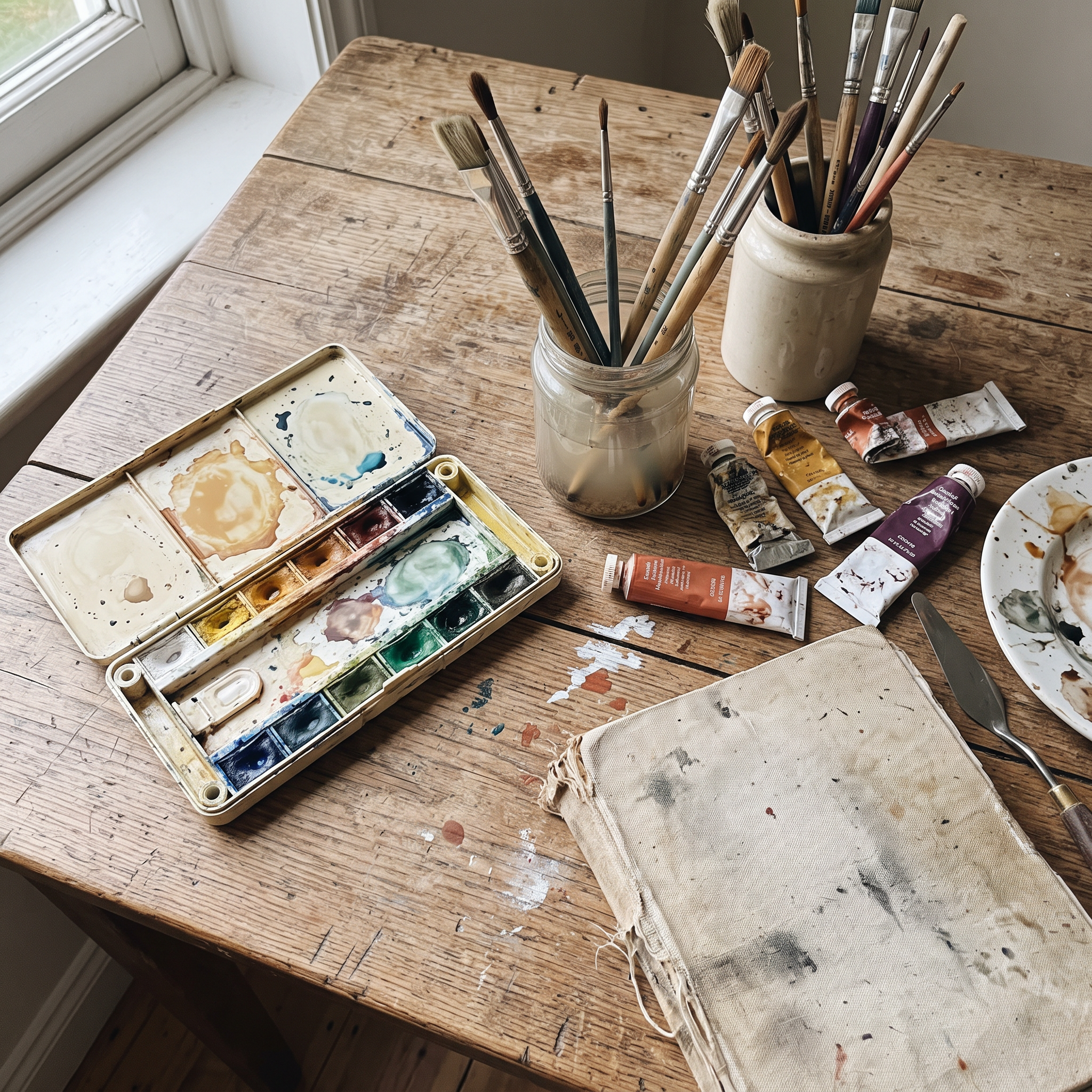 Well-used watercolour tin, jars of brushes, paint tubes and a worn sketchbook on a rustic wooden table