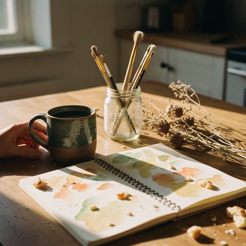 Morning coffee and sketchbook on a farmhouse table