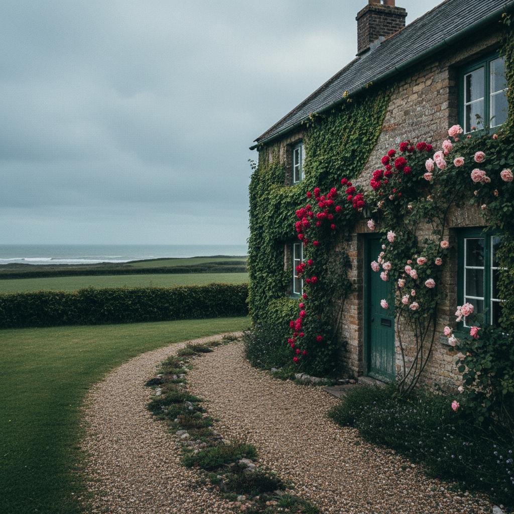 Stone English farmhouse exterior with ivy and dark green front door