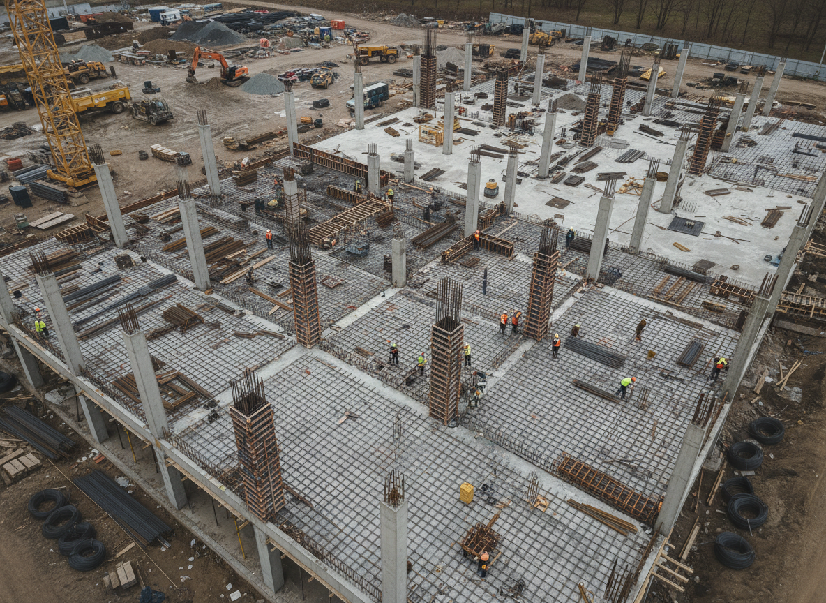 Canteiro de obras com estrutura de concreto