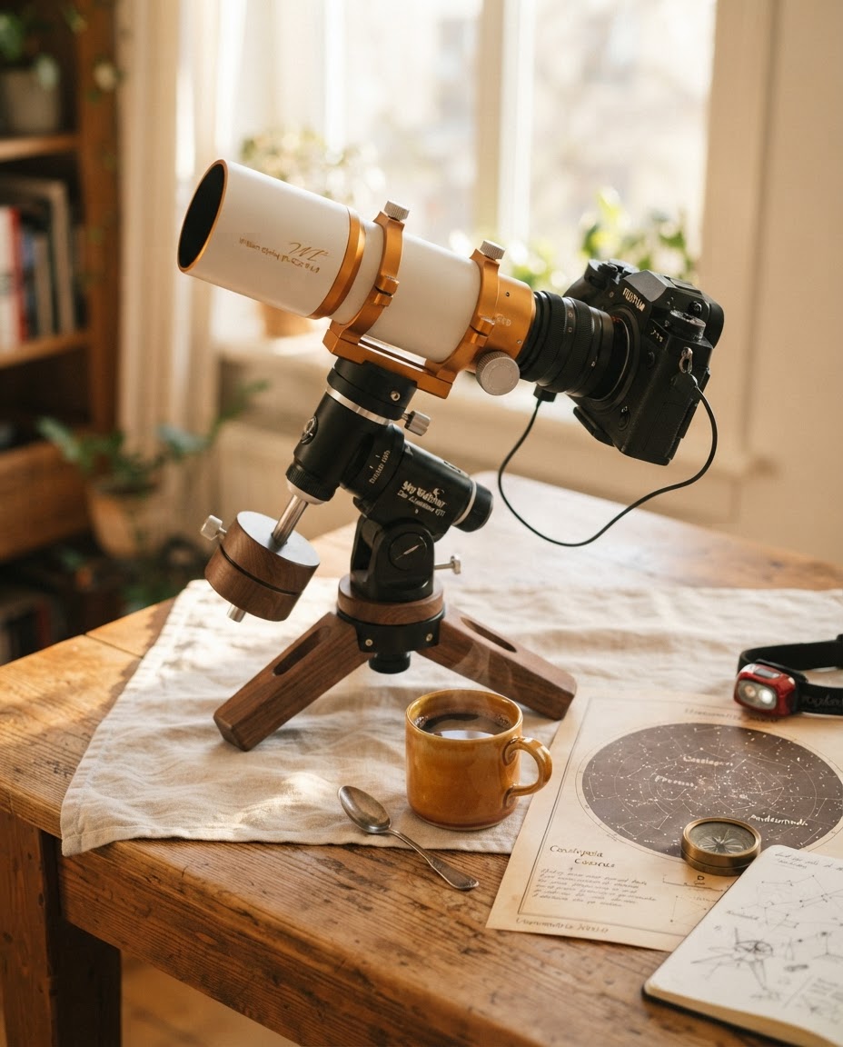 Camera and telescope rig on a warm-lit desk with charts and a mug