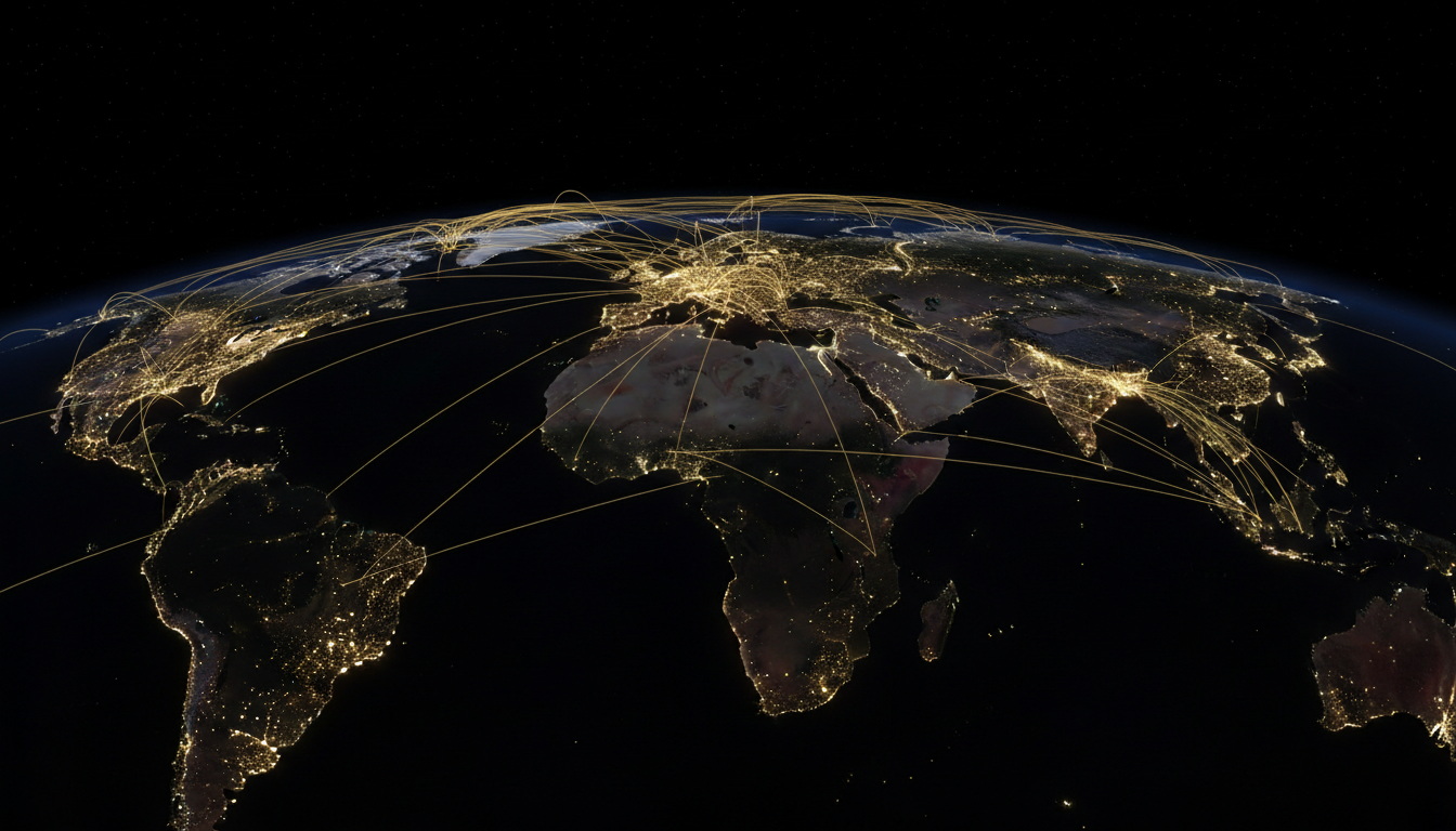 Glowing neural pathways across a dark ocean representing global intelligence networks