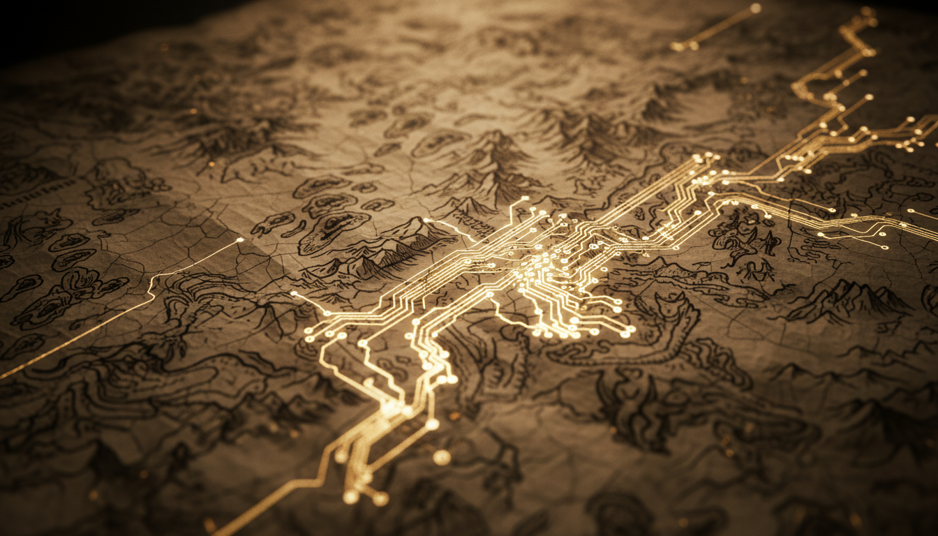 Weathered parchment map with glowing digital circuitry representing the evolution from traditional to AI-driven consulting