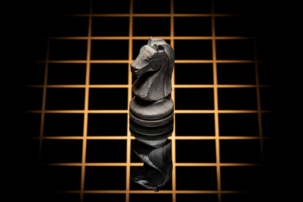 Strategic chess piece on polished black glass representing calculated decision-making