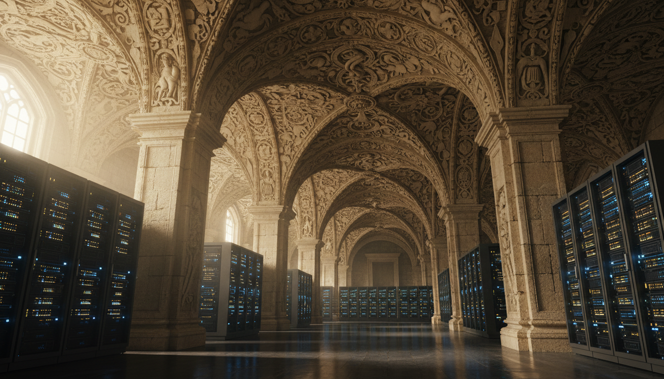 Ancient library architecture merging with modern data center representing the fusion of traditional knowledge and AI technology